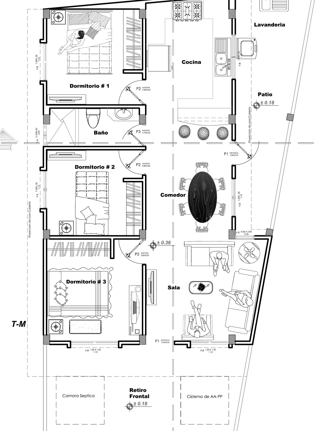 Plano arquitectónico de una vivienda de tres dormitorios dibujado por la Arq. Dolly Robles, con sala, comedor, cocina, baño, patio y lavandería.